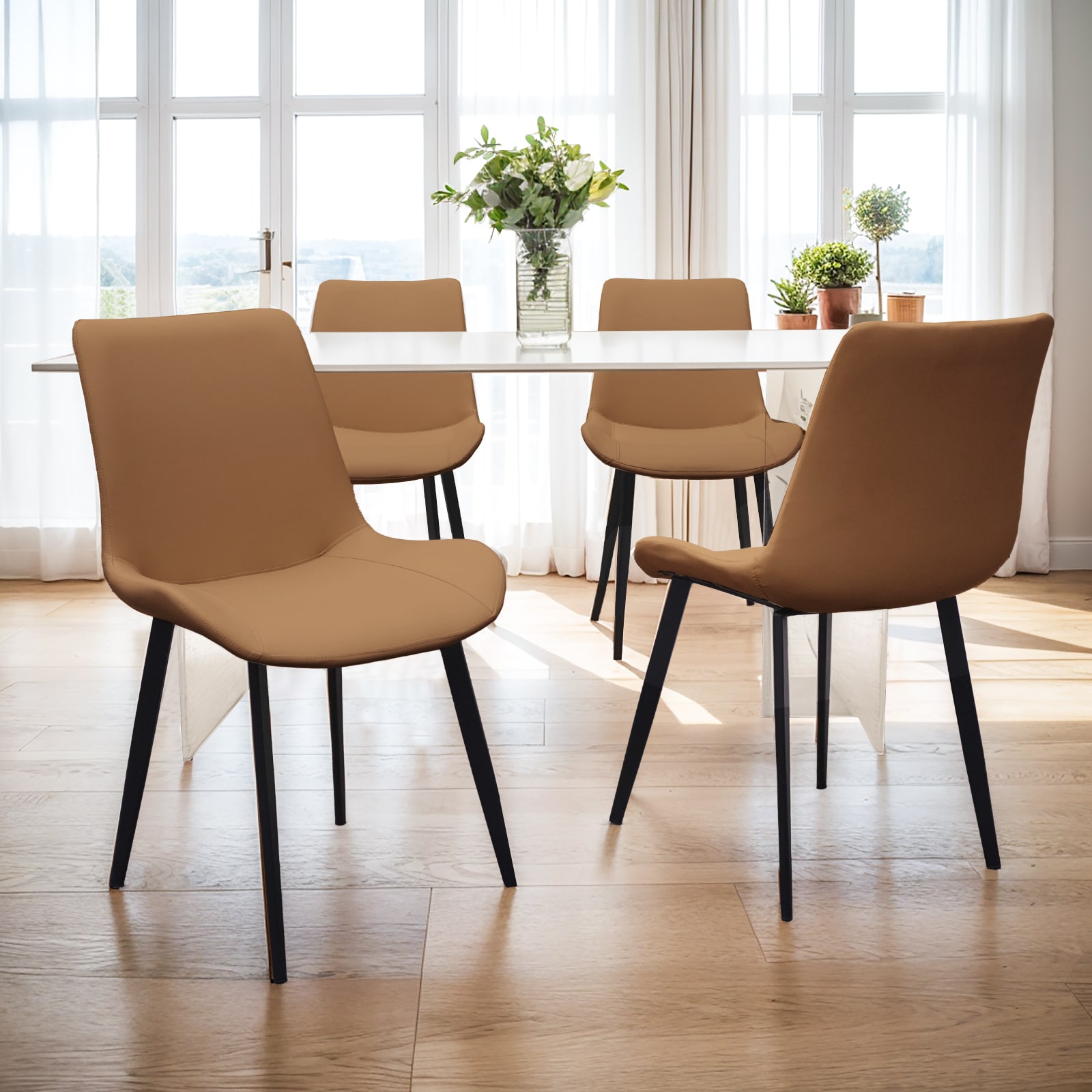 Brown PU Leather Dining Chair With Metal Legs, Modern Upholstered Chair Set Of 4 For Kitchen, Restaurant, Living, Meeting Room_voghion.com